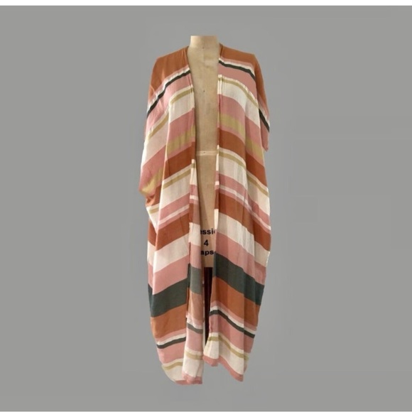 LOFT Striped Kimono Shawl Tunic Cover Up Muted Colors Light Pink Green White - Picture 6 of 9
